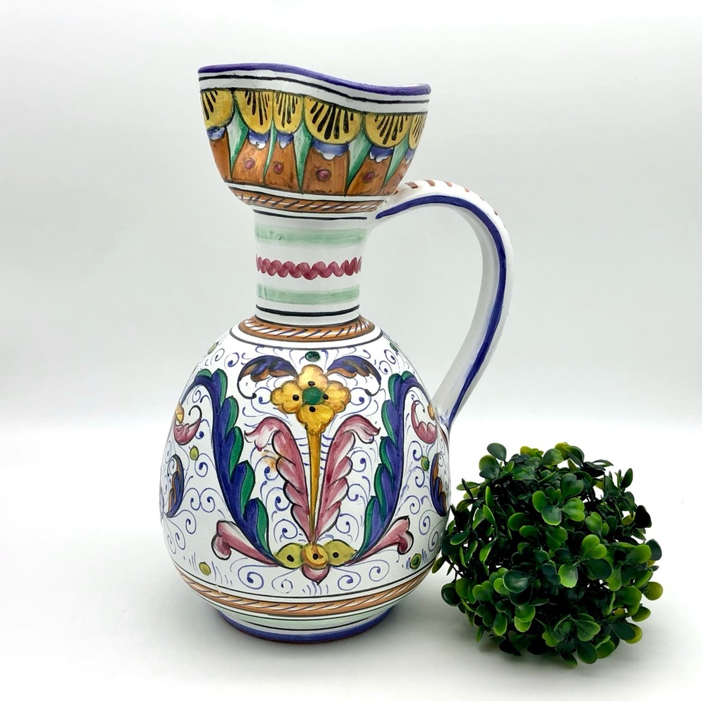 Italian Deruta Majolica Pottery Pitcher 1950s Large Floral Sangria Jug Italy MCM